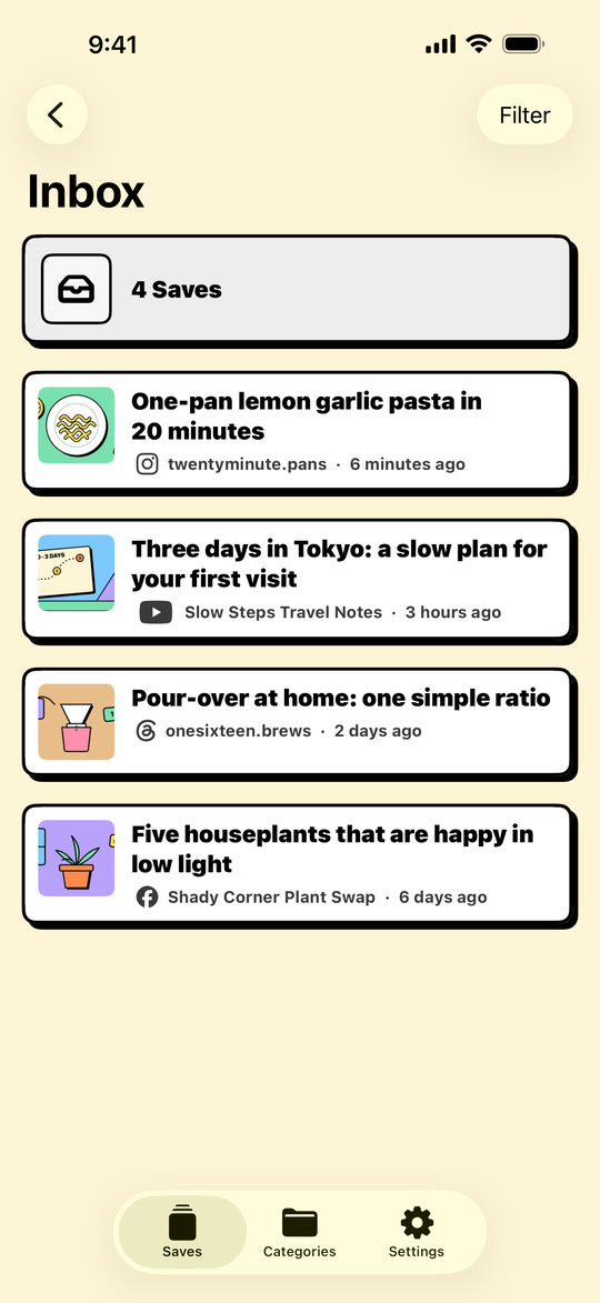 The Inbox with saves from several apps