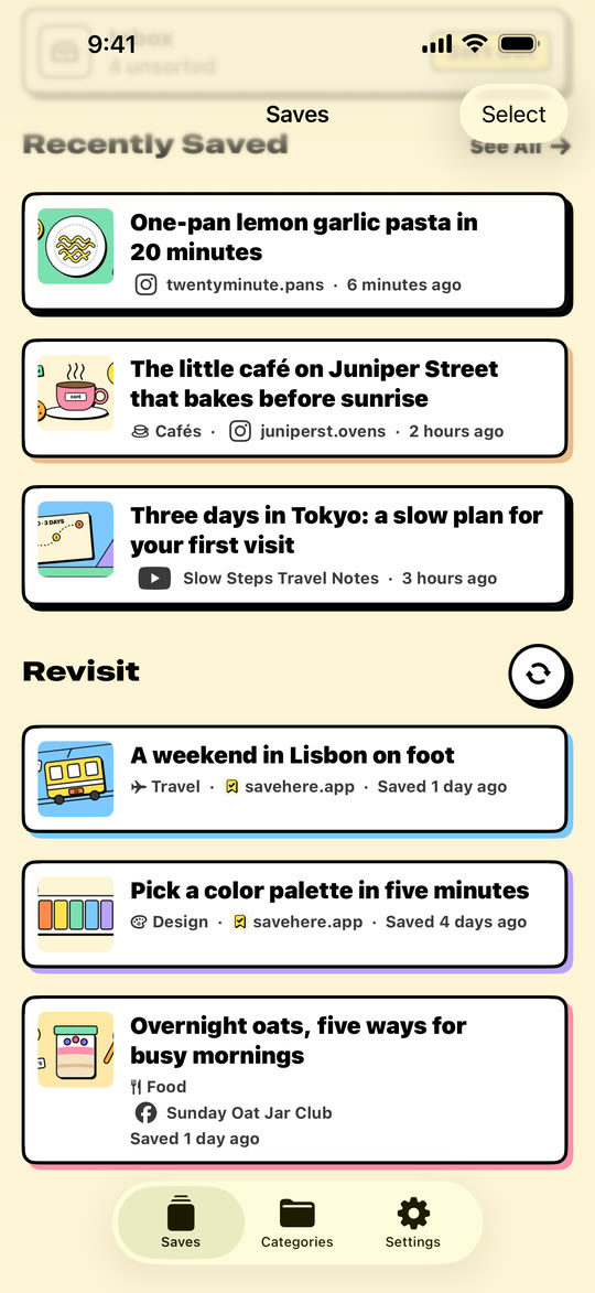 The Saves screen scrolled down: Recently Saved above, and Revisit below with three older saves and the Shuffle button