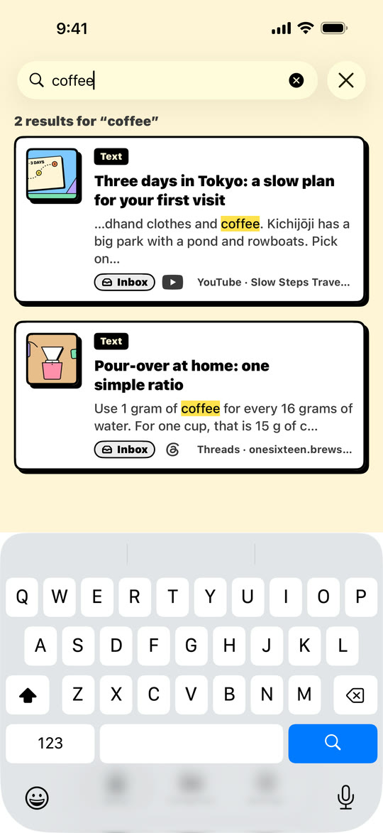 Search results for “coffee”, with the matching words highlighted
