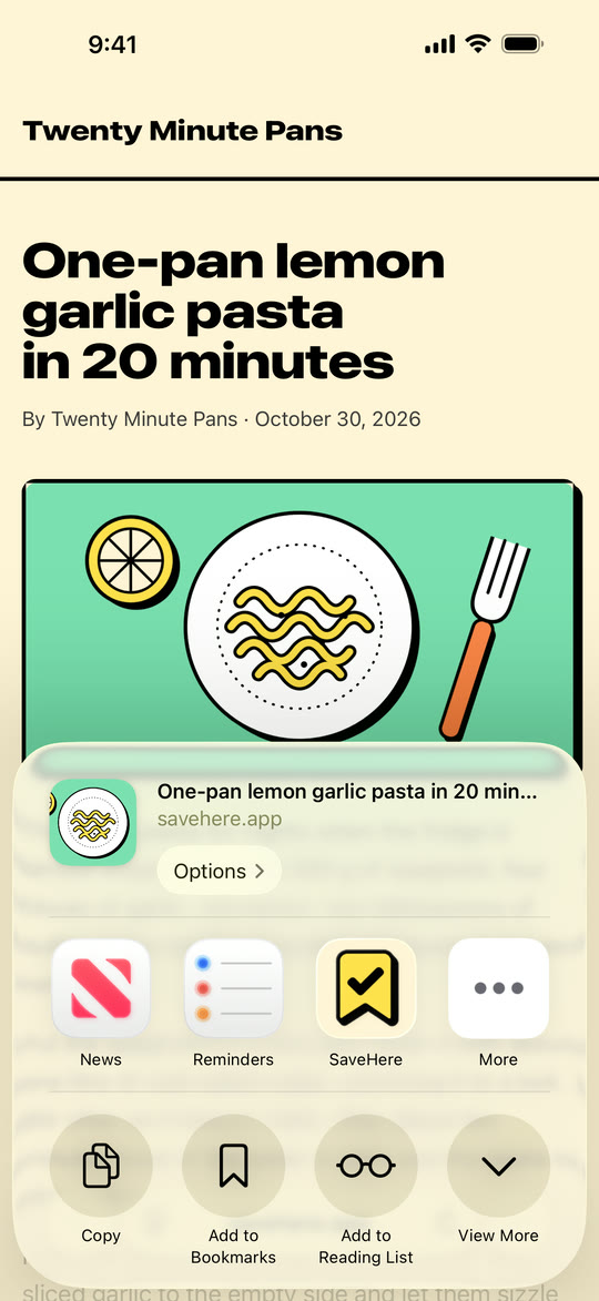The Share menu with SaveHere next to News and Reminders